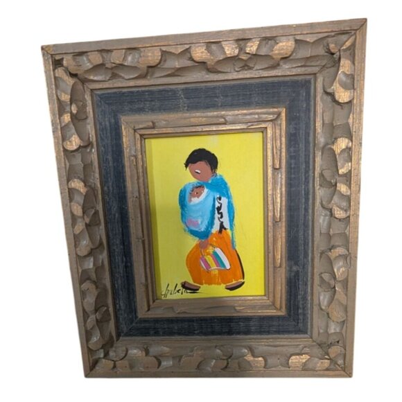 Signed "Chabela" Oil Painting on Board Woman Child Colorful Bag Ornate Frame - Picture 6 of 11